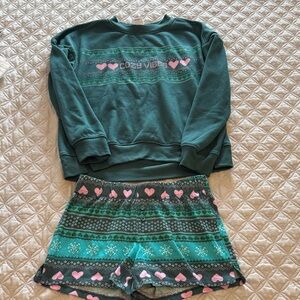 Kids Cozy Vibes Teal Pajama Set with Pink Heart Accents